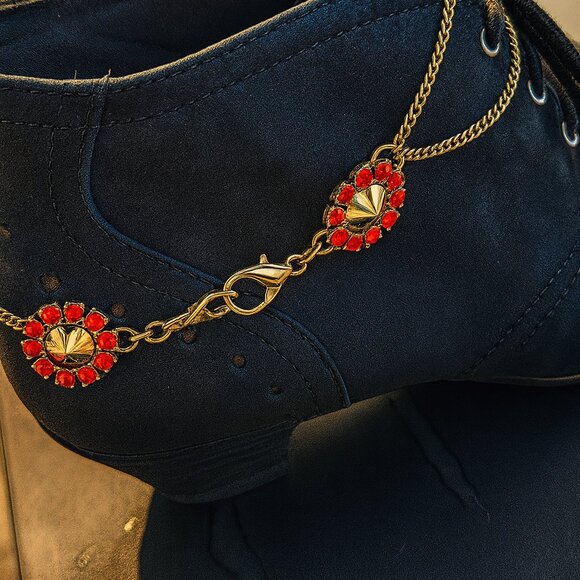 Red Rhinestone & Gold Chain‎ Boot Jewelry Set - Picture 1 of 6